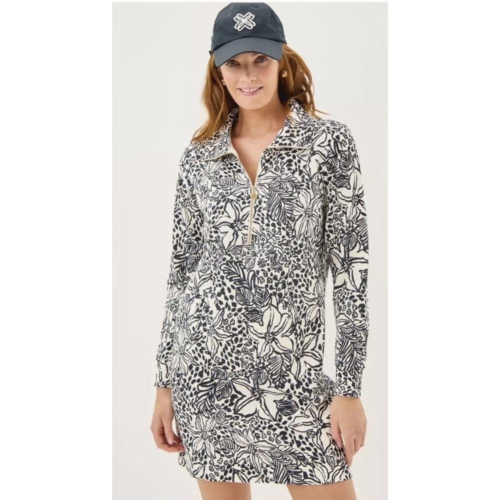 Lilly Pulitzer 50+ UPF Eleni Dress Small Zip Long Sleeve Black Cream Floral